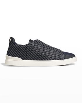 zegna鞋正品, Zegna | Men's Woven Denim & Leather Low-Top Sneakers商品图片 