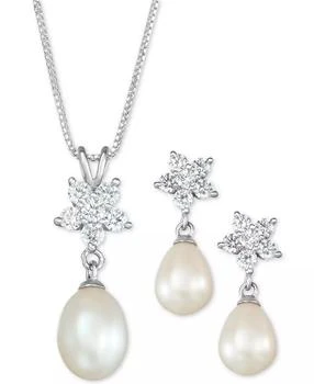 Macy's | Cultured Freshwater Pearl (7 x 9mm) & Cubic Zirconia Pendant Necklace & Drop Earrings Set in Sterling Silver, Created for Macy's,商家Macy's,价格¥460