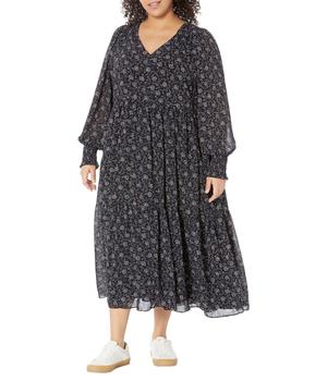Madewell | Plus Albertine Long Sleeve V-Neck Tiered Midi Dress - Crinkle Georgette商品图片,