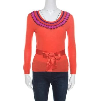 推荐Dior Orange Wool and Silk Crochet Neck Detail Belted Sweater M商品