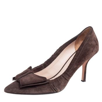 [二手商品] Prada | Prada Dark Brown Pleated Suede Pointed Toe Bow Pumps Size 39.5商品图片,2.7折