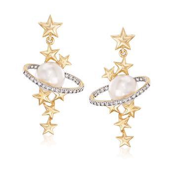Ross-Simons | Ross-Simons 7.5-8mm Cultured Pearl and . Diamond Star and Planet Drop Earrings in 14kt Yellow Gold商品图片,5.4折