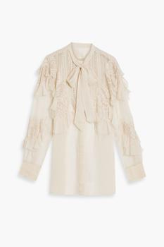 Valentino代购, Valentino | Ruffled corded lace-paneled silk-chiffon blouse商品图片 5折