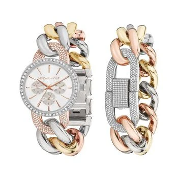 KENDALL & KYLIE | Women's Large Open-Link Crystal Embellished Tri Tone Stainless Steel Strap Analog Watch and Bracelet Set 