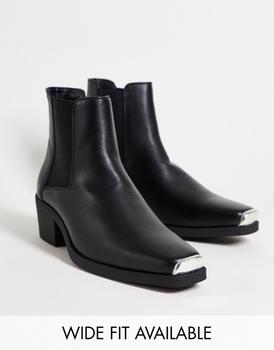 ASOS | ASOS DESIGN cuban heel western chelsea boots in black faux leather with metal hardware商品图片,6折