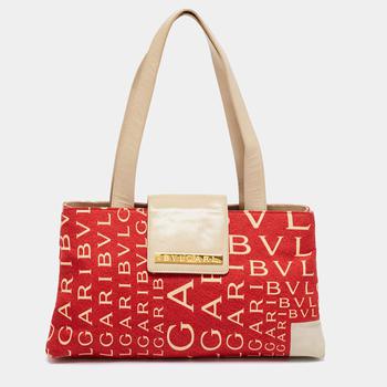 加拿大bvlgari包, [二手商品] BVLGARI | Bvlgari Red/Beige Logo Mania Fabric and Leather Baguette Bag商品图片 满1件减$100, 满减