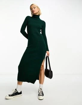 ASOS | ASOS DESIGN knitted maxi dress with high neck and side split in dark green 6.4折