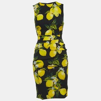 推荐Dolce & Gabbana Black Lemon Print Satin Silk Draped Sleeveless Mini Dress S商品