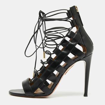 [二手商品] Aquazzura | Aquazzura Black Leather Amazon Lace Up Open-Toe Sandals Size 37商品图片,6.4折, 满1件减$100, 满减