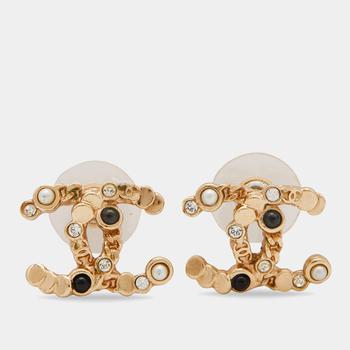 [二手商品] Chanel | Chanel Gold Tone Crystal CC Chain Stud Earrings商品图片,7.3折