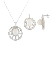 Splendid Pearls | Rhodium Plated Sterling Silver CZ & 7.5-8mm Cultured Freshwater Pearl Necklace & Earrings Set 独家减免邮费