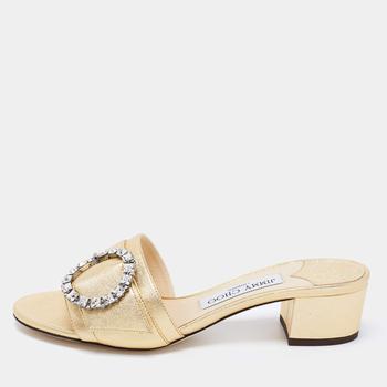 推荐Jimmy Choo Gold Leather Crystal Embellished Slide Sandals Size 37商品