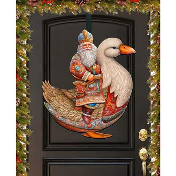 商品Charming Santa Riding Goose Christmas Wooden Door Decor Wall Decor G. DeBrekht图片