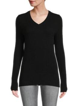 Saks Fifth Avenue | Ribbed Trim V Neck Cashmere Sweater商品图片,6.9折