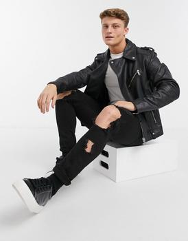 商品ASOS DESIGN leather biker jacket in black图片