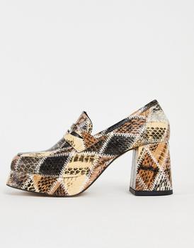 ASOS | ASOS DESIGN Signature platform heeled loafer in patchwork snake商品图片,6折×额外8.5折, 额外八五折