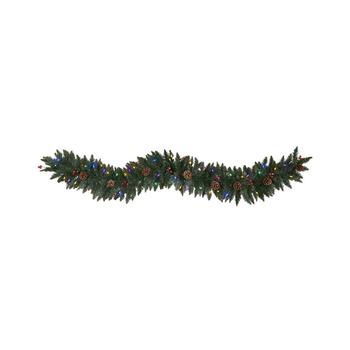 NEARLY NATURAL, NEARLY NATURAL | Snow Dusted Artificial Christmas Garland with Lights, Berries and Pinecones, 72"商品图片 