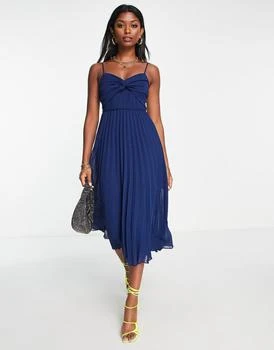 ASOS | ASOS DESIGN twist front pleated cami midi dress with belt in navy 4折