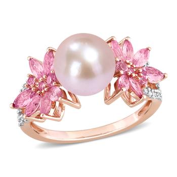 商品9-9.5 MM Cultured Freshwater Pearl and 3/4 CT TGW Pink Sapphire and 1/8 CT TW Diamond Flower Ring in 14k Rose Gold图片