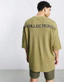 推荐ASOS Dark Future extreme oversized t-shirt in waffle fabric with logo prints in khaki商品