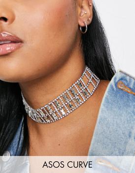 ASOS | ASOS DESIGN Curve choker necklace with baguette crystal design in silver tone商品图片,