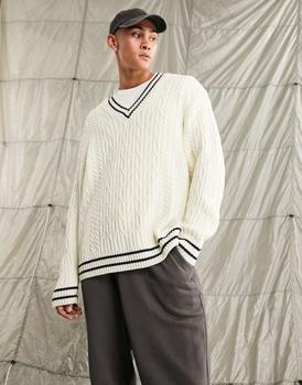 asos design, ASOS | ASOS DESIGN cable knit cricket jumper in off white and navy tipping商品图片 