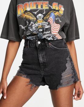 Topshop | Topshop a-line rip mom short in washed black商品图片,额外9.5折, 额外九五折