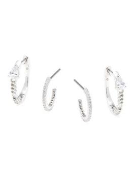 推荐Lucca 2-Piece Rhodium Plated & Cubic Zirconia Huggie Earrings Set商品