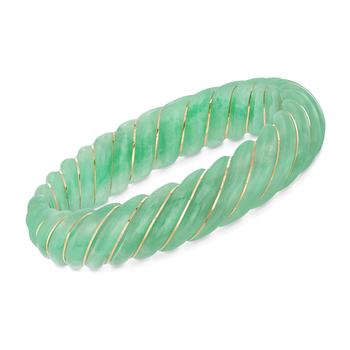 商品Ross-Simons Carved Green Jade Bangle Bracelet With 14kt Yellow Gold图片