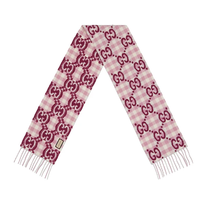 Gucci | GUCCI/古驰 经典款 儿童款女孩粉色/白色羊毛混纺格纹老花提花围巾,商家VPF,价格¥2044
