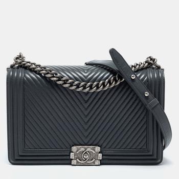 香奈儿122单肩包, [二手商品] Chanel | Chanel Dark Grey Chevron Leather Large Boy Shoulder Bag商品图片 6.9折