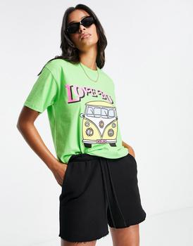 推荐New Love Club oversized t-shirt with love bus graphic in lime green商品