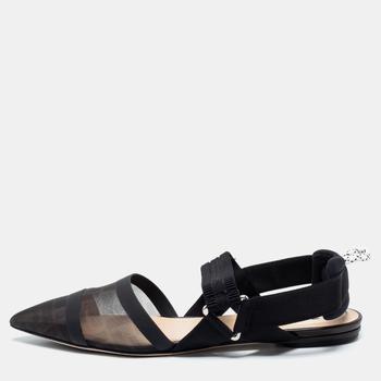 fendi鞋直邮, [二手商品] Fendi | Fendi Black FF Mesh And Fabric Colibri Slingback Flat Sandals Size 40商品图片 5.7折