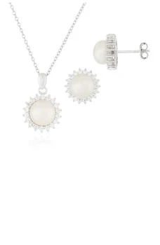 Splendid Pearls | 8.5-9mm White Freshwater Pearl & CZ Halo Pendant Necklace & Stud Earrings Set 独家减免邮费