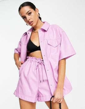 商品Topshop | Topshop co-ord faux leather short sleeve shirt jacket in pink,商家ASOS,价格¥180图片