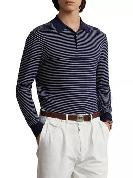 推荐Stripe Knit Long-Sleeve Polo Shirt商品