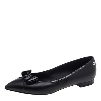 推荐Chanel Black Patent and Leather Bow Ballet Flats Size 40.5商品