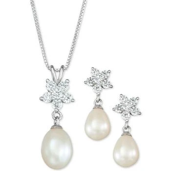 Macy's | Cultured Freshwater Pearl (7 x 9mm) & Cubic Zirconia Pendant Necklace & Drop Earrings Set in Sterling Silver, Created for Macy's 2.4折