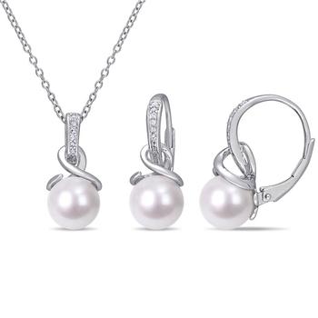 商品Amour | 8 - 8.5 Mm Cultured Freshwater Pearl and 1/10 CT TW Diamond Twist Leverback Earrings and Pendant with Chain In Sterling Silver,商家Jomashop,价格¥1237图片