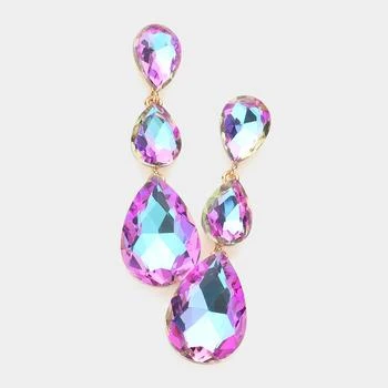 FASHNZFAB | Triple Glass Crystal Teardrop Evening Earrings - Violet,商家Premium Outlets,价格¥149