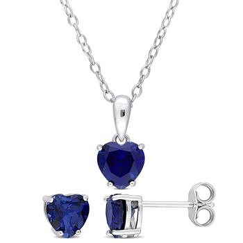 商品2 3/4 CT TGW Heart-Shape Created Blue Sapphire 2-Piece Set of Pendant with Chain and Earrings in Sterling Silver,商家Premium Outlets,价格¥323图片