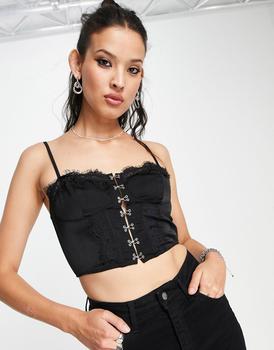 商品ASOS DESIGN corset cami with lace insert & hook & eye fastening in black图片