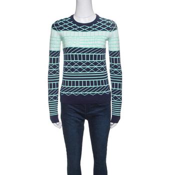[二手商品] Kenzo | Kenzo Oui Non Navy Blue and Green Jacquard Knit Sweater XS商品图片,3.9折