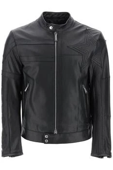 推荐Leather biker jacket with contrasting lettering商品
