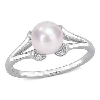 商品7-7.5mm Freshwater Cultured Pearl and Created White Sapphire Split-Shank Ring in Sterling Silver图片