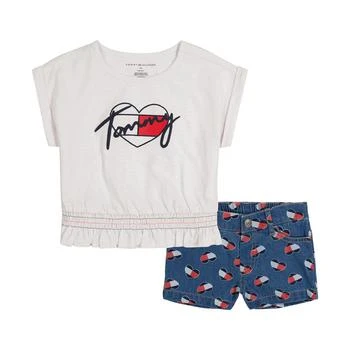 推荐Little Girls Smock-Waist Slub T-shirt and Heart Logo Denim Shorts, 2 Piece Set商品