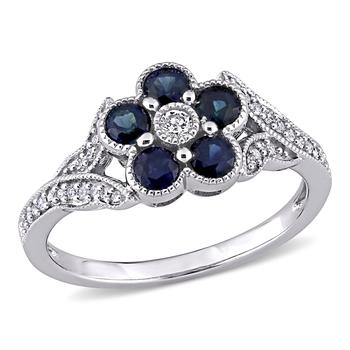 商品3/4 CT TGW Blue Sapphire and 1/6 CT TW Diamond Floral Engagement Ring in 10K White Gold图片