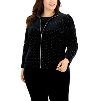 推荐Plus Size Dot-Print Puff-Sleeve Zip-Up Sweater商品