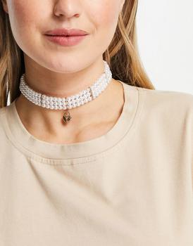 ASOS | ASOS DESIGN multirow choker necklace in faux pearl design with heart pendant商品图片,