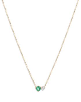 商品14K Yellow Gold Emerald + Diamond Pendant Necklace, 15-16"图片